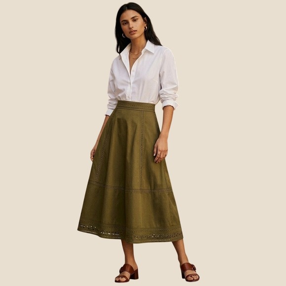 Elie Tahari Dresses & Skirts - Elie Tahari Daisy Embroidered Poplin Midi Skirt Olive Green Boho-Chic Size 6